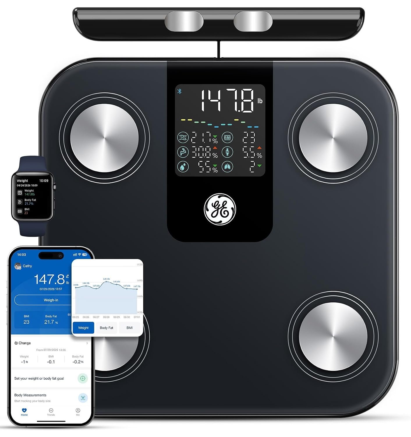 GE Smart Scale for Body Weight: Full-Body Composition Analysis, Black 11″